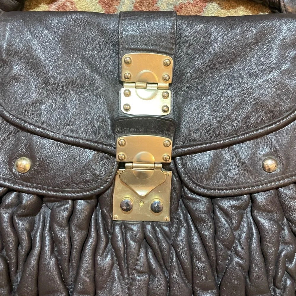 Besso Italian Genuine Leather Chocolate Brown Quilted Shoulder Bag 16”x12”